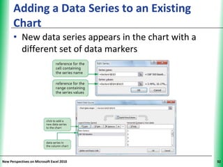 Adding a Data Series to an Existing             XP
      Chart
      • New data series appears in the chart with a
        different set of data markers




New Perspectives on Microsoft Excel 2010                   32
 
