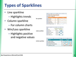 Types of Sparklines                  XP

      • Line sparkline
         – Highlights trends
      • Column sparkline
         – For column charts
      • Win/Loss sparkline
         – Highlights positive
           and negative values




New Perspectives on Microsoft Excel 2010        41
 