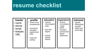 header
• name
• phone
• email
• linkedin
URL
profile
• 5 lines of key
competencies
• summarize
strengths/
experiences/
skills
• match job
posting
education
• reverse
chronological
order
• start with
degree
• include
grades/
awards
•
experience
• reverse
chronologica
l order
• RATS
formation
• achievement
based
statements
interests
• specific
• differentiate
yourself
• reflect your
personality
resume checklist
 