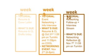 • TUTORIAL:
Resume &
Cover Letter
• WHAT’S DUE:
Resume & CL
Drafts today
• TUTORIAL:
Event
Networking +
Info Interview
• WHAT’S DUE:
Resume & CL
@ Oct 31st 1:59
pm on Turnitin
and 11:59pm
on COOL
• NETWORKING
EVENT: Nov
2nd (6-8pm)
• TUTORIAL:
Networking
Follow-up +
Interview
Stream
• WHAT’S DUE:
Networking
Reflection @
Nov 7th 11:59
pm on Turnitin
week
10
week
9
week
8
 