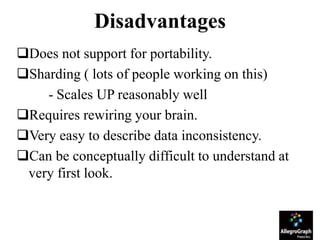Disadvantages
Does not support for portability.
Sharding ( lots of people working on this)
- Scales UP reasonably well
Requires rewiring your brain.
Very easy to describe data inconsistency.
Can be conceptually difficult to understand at
very first look.
 