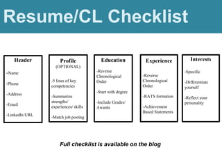 Resume/CL Checklist
Header
-Name
-Phone
-Address
-Email
-LinkedIn URL
Profile
(OPTIONAL)
-5 lines of key
competencies
-Summarize
strengths/
experiences/ skills
-Match job posting
Education
-Reverse
Chronological
Order
-Start with degree
-Include Grades/
Awards
Experience
-Reverse
Chronological
Order
-RATS formation
-Achievement
Based Statements
Interests
-Specific
-Differentiate
yourself
-Reflect your
personality
Check the blog for the Resume Checklist!
Full checklist is available on the blog
 
