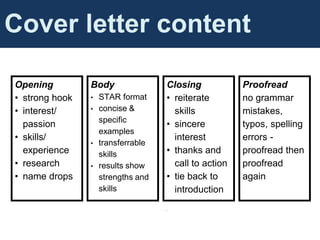 Cover Letter Content
Opening
• strong hook
• interest/
passion
• skills/
experience
• research
• name drops
Body
• STAR format
• concise &
specific
examples
• transferrable
skills
• results show
strengths and
skills
Closing
• reiterate
skills
• sincere
interest
• thanks and
call to action
• tie back to
introduction
•
Proofread
no grammar
mistakes,
typos, spelling
errors -
proofread then
proofread
again
Cover letter content
 