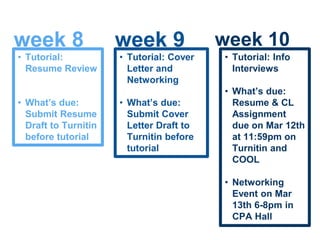 • Tutorial:
Resume Review
• What’s due:
Submit Resume
Draft to Turnitin
before tutorial
• Tutorial: Cover
Letter and
Networking
• What’s due:
Submit Cover
Letter Draft to
Turnitin before
tutorial
• Tutorial: Info
Interviews
• What’s due:
Resume & CL
Assignment
due on Mar 12th
at 11:59pm on
Turnitin and
COOL
• Networking
Event on Mar
13th 6-8pm in
CPA Hall
week 10week 9week 8
 