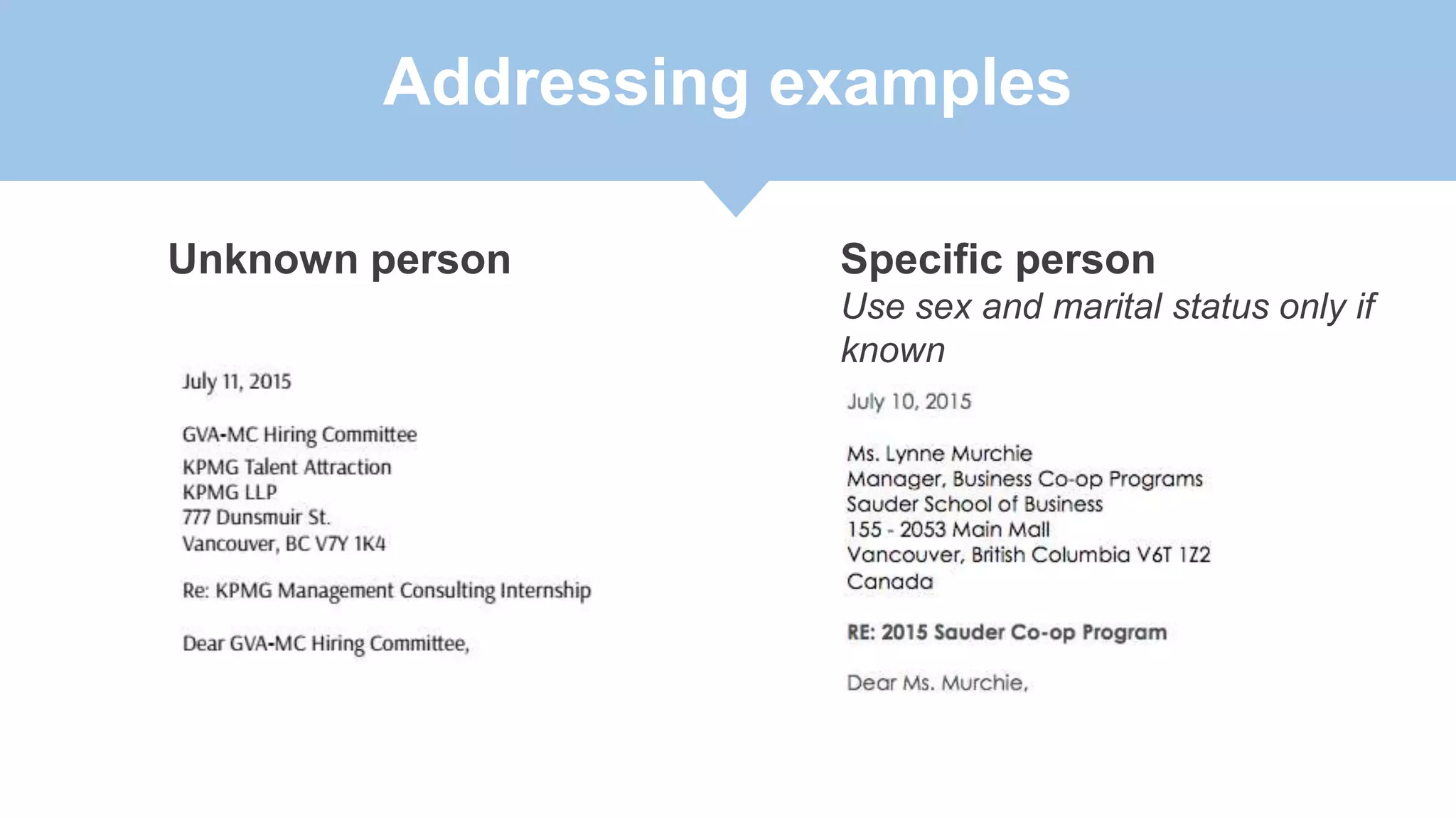 Addressing examples
Unknown person Specific person
Use sex and marital status only if
known
 