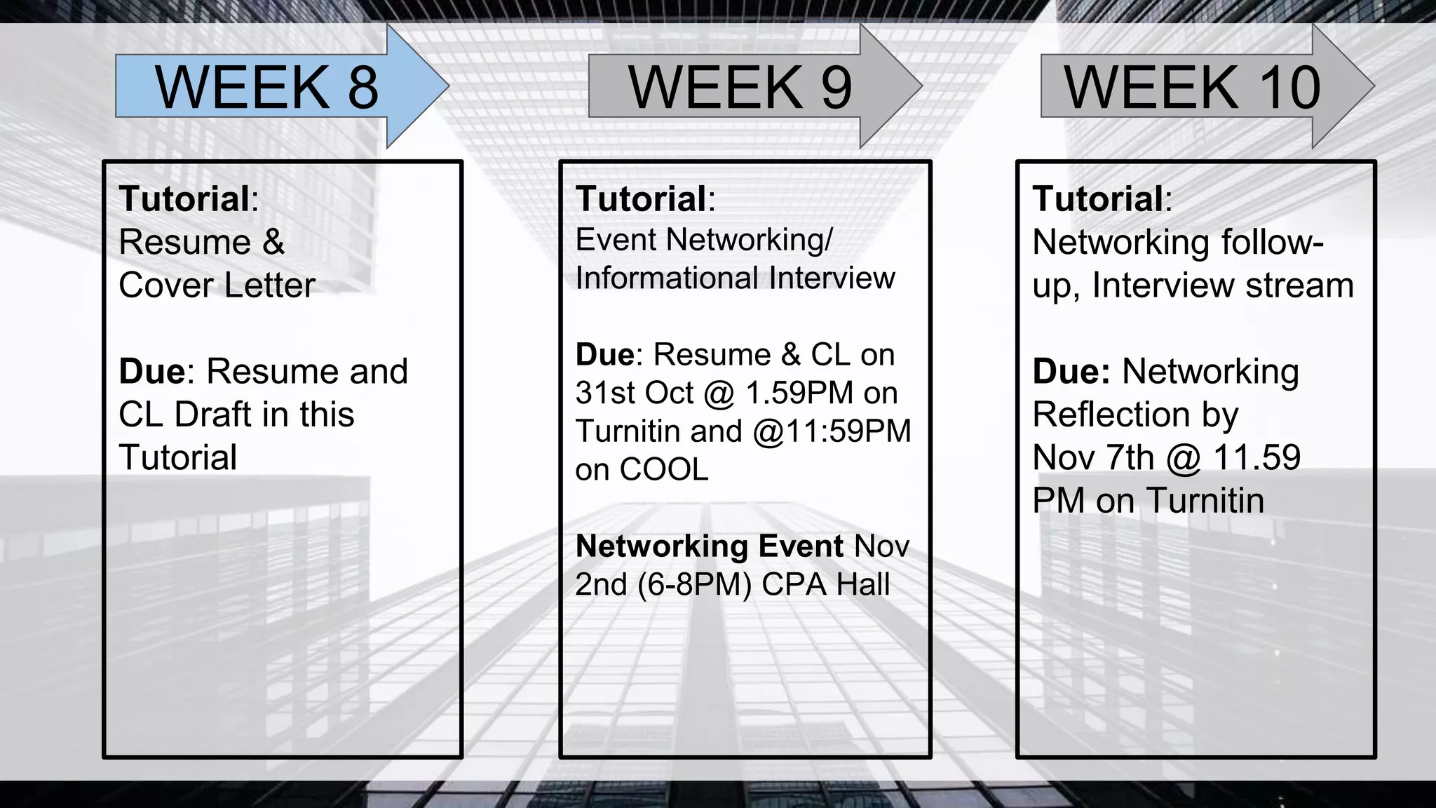 Tutorial:
Resume &
Cover Letter
Due: Resume and
CL Draft in this
Tutorial
Tutorial:
Event Networking/
Informational Interview
Due: Resume & CL on
31st Oct @ 1.59PM on
Turnitin and @11:59PM
on COOL
Networking Event Nov
2nd (6-8PM) CPA Hall
Tutorial:
Networking follow-
up, Interview stream
Due: Networking
Reflection by
Nov 7th @ 11.59
PM on Turnitin
WEEK 8 WEEK 9 WEEK 10
 