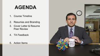 AGENDA
1. Course Timeline
2. Resumes and Branding
3. Cover Letter & Resume
Peer Review
4. TA Feedback
5. Action Items
 