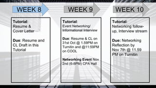 Tutorial:
Resume &
Cover Letter
Due: Resume and
CL Draft in this
Tutorial
Tutorial:
Event Networking/
Informational Interview
Due: Resume & CL on
31st Oct @ 1.59PM on
Turnitin and @11:59PM
on COOL
Networking Event Nov
2nd (6-8PM) CPA Hall
Tutorial:
Networking follow-
up, Interview stream
Due: Networking
Reflection by
Nov 7th @ 11.59
PM on Turnitin
WEEK 8 WEEK 9 WEEK 10
 