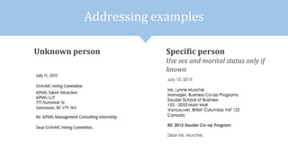 Addressing examples
Unknown person Specific person
Use sex and marital status only if
known
 