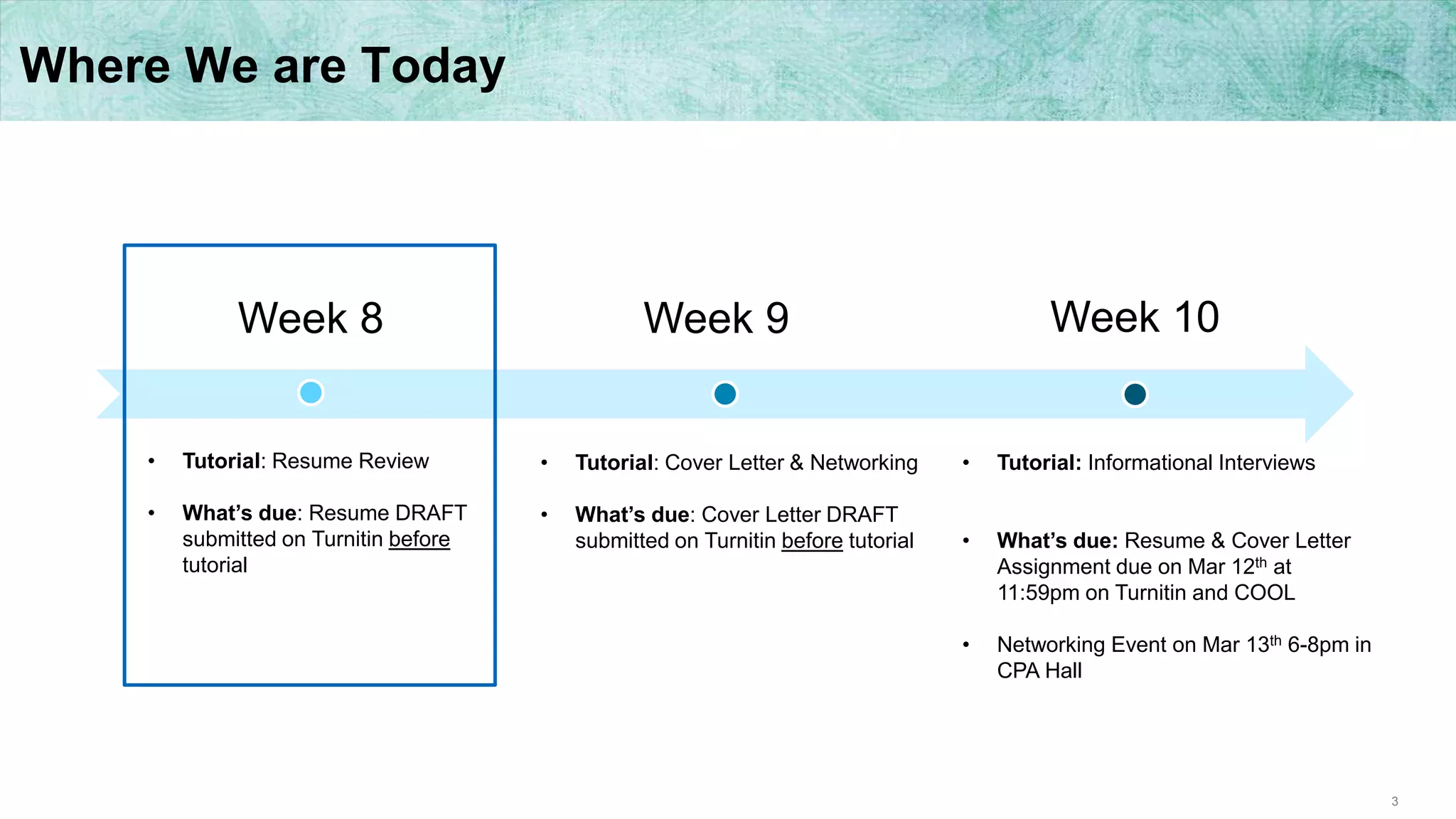 3
Where We are Today
Week 8 Week 10Week 9
• Tutorial: Resume Review
• What’s due: Resume DRAFT
submitted on Turnitin before
tutorial
• Tutorial: Cover Letter & Networking
• What’s due: Cover Letter DRAFT
submitted on Turnitin before tutorial
• Tutorial: Informational Interviews
• What’s due: Resume & Cover Letter
Assignment due on Mar 12th at
11:59pm on Turnitin and COOL
• Networking Event on Mar 13th 6-8pm in
CPA Hall
 