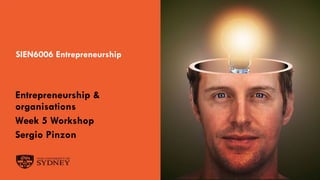 The University of Sydney Page 1
SIEN6006 Entrepreneurship
Entrepreneurship &
organisations
Week 5 Workshop
Sergio Pinzon
 