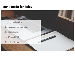 our agenda for today
1. course timeline
2. resumes and branding
3. peer review
4. TA feedback
5. action items
 