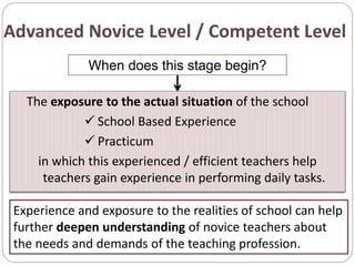 Advanced Novice Level / Competent Level
When does this stage begin?
Experience and exposure to the realities of school can help
further deepen understanding of novice teachers about
the needs and demands of the teaching profession.
The exposure to the actual situation of the school
 School Based Experience
 Practicum
in which this experienced / efficient teachers help
teachers gain experience in performing daily tasks.
 