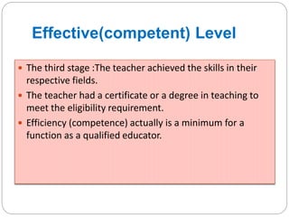 Effective(competent) Level
 The third stage :The teacher achieved the skills in their
respective fields.
 The teacher had a certificate or a degree in teaching to
meet the eligibility requirement.
 Efficiency (competence) actually is a minimum for a
function as a qualified educator.
 