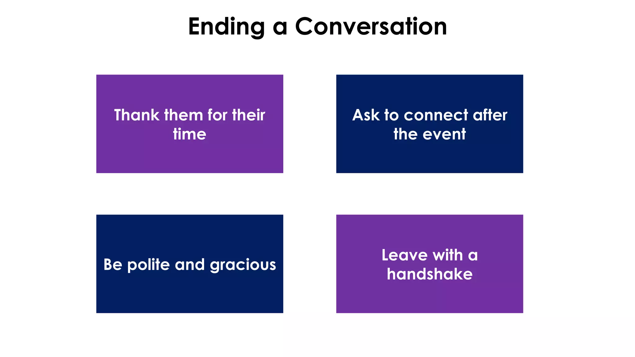 Ending a Conversation
Thank them for their
time
Ask to connect after
the event
Be polite and gracious
Leave with a
handshake
 