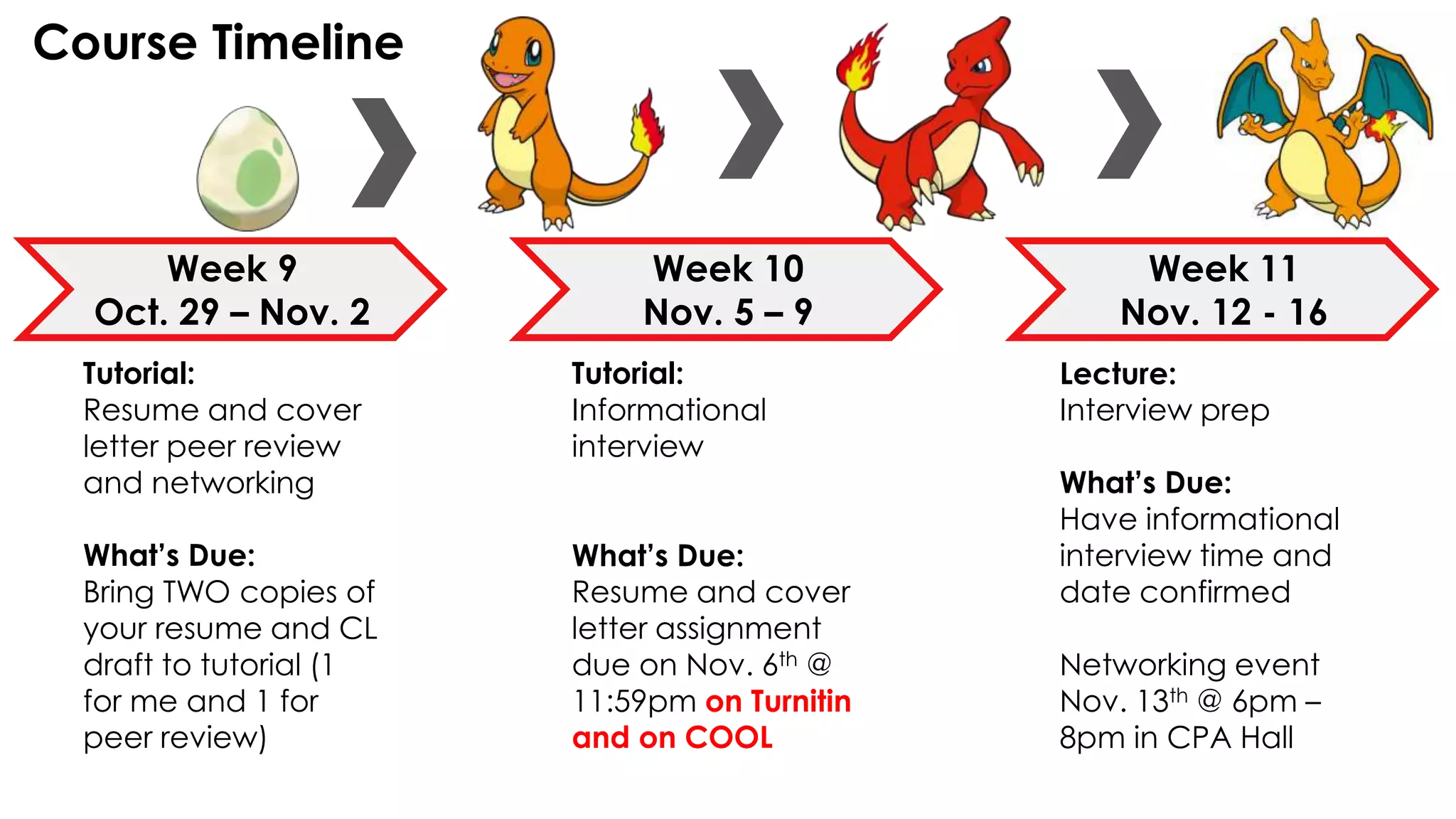 Course Timeline
Week 9
Oct. 29 – Nov. 2
Week 10
Nov. 5 – 9
Week 11
Nov. 12 - 16
Tutorial:
Resume and cover
letter peer review
and networking
What’s Due:
Bring TWO copies of
your resume and CL
draft to tutorial (1
for me and 1 for
peer review)
Tutorial:
Informational
interview
What’s Due:
Resume and cover
letter assignment
due on Nov. 6th @
11:59pm on Turnitin
and on COOL
Lecture:
Interview prep
What’s Due:
Have informational
interview time and
date confirmed
Networking event
Nov. 13th @ 6pm –
8pm in CPA Hall
 
