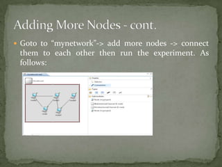  Goto to “mynetwork”-> add more nodes -> connect
 them to each other then run the experiment. As
 follows:
 