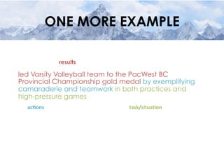 ONE MORE EXAMPLE
results
ac#ons	
   task/situa#on	
  
led Varsity Volleyball team to the PacWest BC
Provincial Championship gold medal by exemplifying
camaraderie and teamwork in both practices and
high-pressure games
 