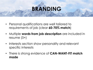 BRANDING
•  Personal qualifications are well tailored to
requirements of job (clear 60-70% match)
•  Multiple words from job description are included in
resume (5+)
•  Interests section show personality and relevant
specific interests
•  There is strong evidence of CAN-WANT-FIT match
made
 