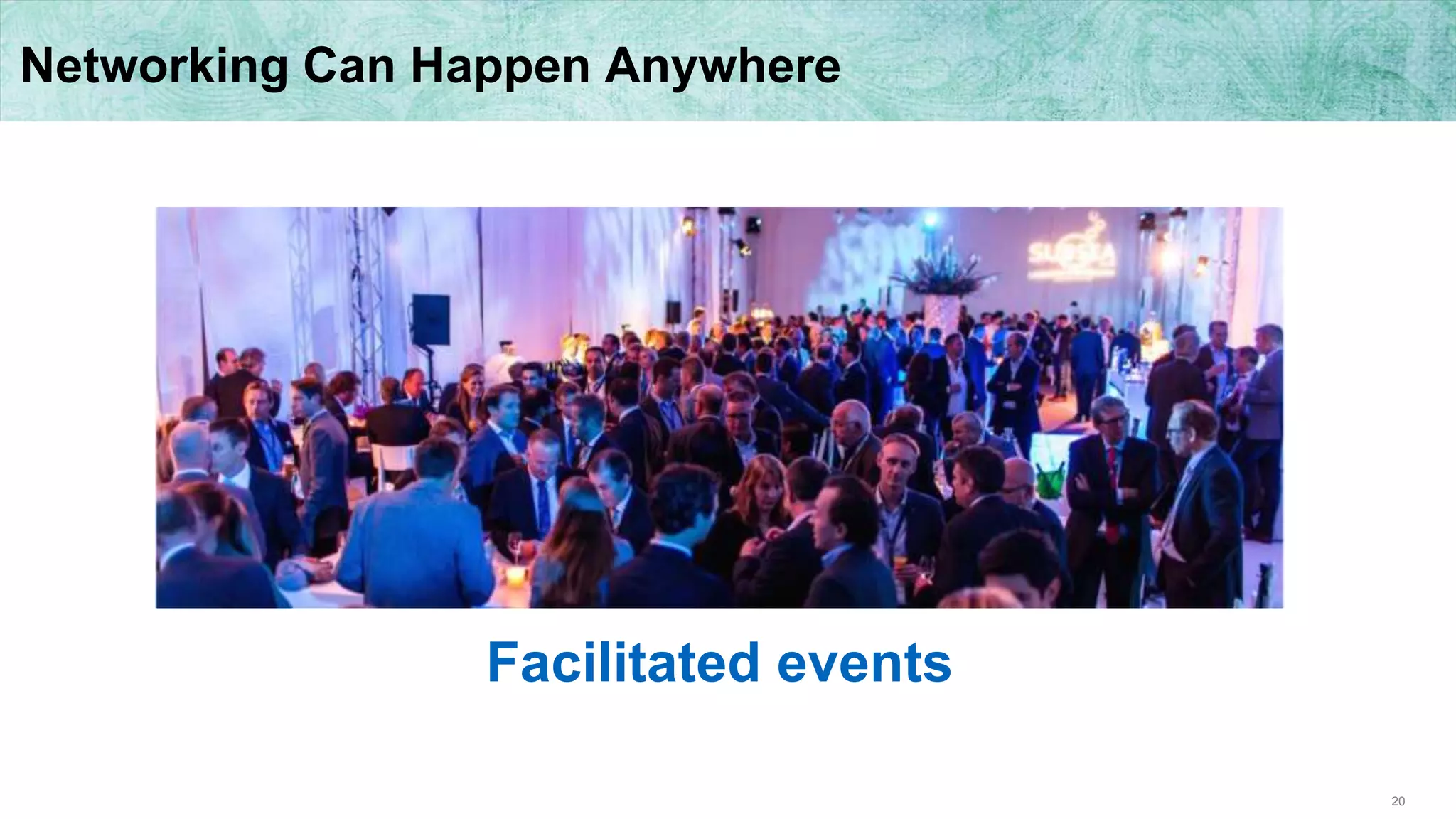 20
Networking Can Happen Anywhere
Facilitated events
 