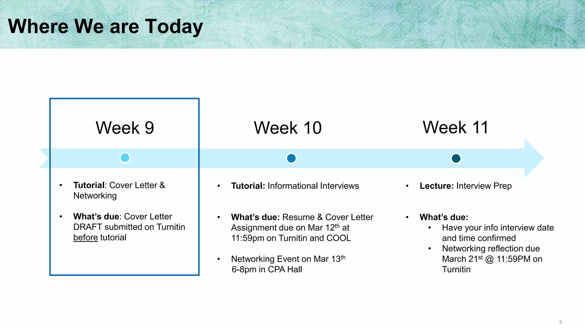 3
Where We are Today
Week 9 Week 11Week 10
• Tutorial: Cover Letter &
Networking
• What’s due: Cover Letter
DRAFT submitted on Turnitin
before tutorial
• Tutorial: Informational Interviews
• What’s due: Resume & Cover Letter
Assignment due on Mar 12th at
11:59pm on Turnitin and COOL
• Networking Event on Mar 13th
6-8pm in CPA Hall
• Lecture: Interview Prep
• What’s due:
• Have your info interview date
and time confirmed
• Networking reflection due
March 21st @ 11:59PM on
Turnitin
 