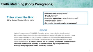 14
Skills Matching (Body Paragraphs)
- Skills to match the position?
- STARL format?
- Are there examples – specific & concise?
- Transferrable skills?
- Do results show strengths or success?
Think about the link:
Why should the employer care
EXAMPLE
 