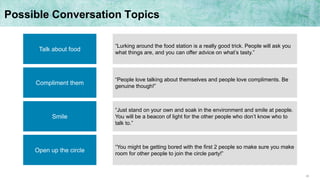 29
Possible Conversation Topics
“Lurking around the food station is a really good trick. People will ask you
what things are, and you can offer advice on what’s tasty.”
Compliment them
Talk about food
“People love talking about themselves and people love compliments. Be
genuine though!”
Smile
“Just stand on your own and soak in the environment and smile at people.
You will be a beacon of light for the other people who don’t know who to
talk to.”
Open up the circle
“You might be getting bored with the first 2 people so make sure you make
room for other people to join the circle party!”
 