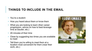 THINGS TO INCLUDE IN THE EMAIL
• You’re a student
• How you heard about them or know them
• What you are looking to learn (their career
progression, advice on how to best leverage
time at Sauder, etc.)
• 20 minutes of their time
• Close by suggesting two times you are available
to meet
• Tell them you’re willing to meet them at a
location most convenient for them (near their
work, etc.)
 