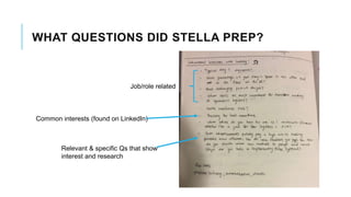 WHAT QUESTIONS DID STELLA PREP?
Common interests (found on LinkedIn)
Relevant & specific Qs that show
interest and research
Job/role related
 