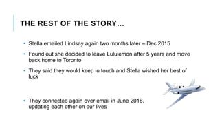 THE REST OF THE STORY…
• Stella emailed Lindsay again two months later – Dec 2015
• Found out she decided to leave Lululemon after 5 years and move
back home to Toronto
• They said they would keep in touch and Stella wished her best of
luck
• They connected again over email in June 2016,
updating each other on our lives
 