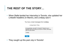 THE REST OF THE STORY…
• When Stella landed her internship in Toronto, she updated her
LinkedIn headline (in March), and Lindsay saw it
• They caught up this past July in Toronto!
 