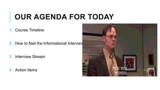 OUR AGENDA FOR TODAY
1. Course Timeline
2. How to Nail the Informational Interview
3. Interview Stream
4. Action Items
 
