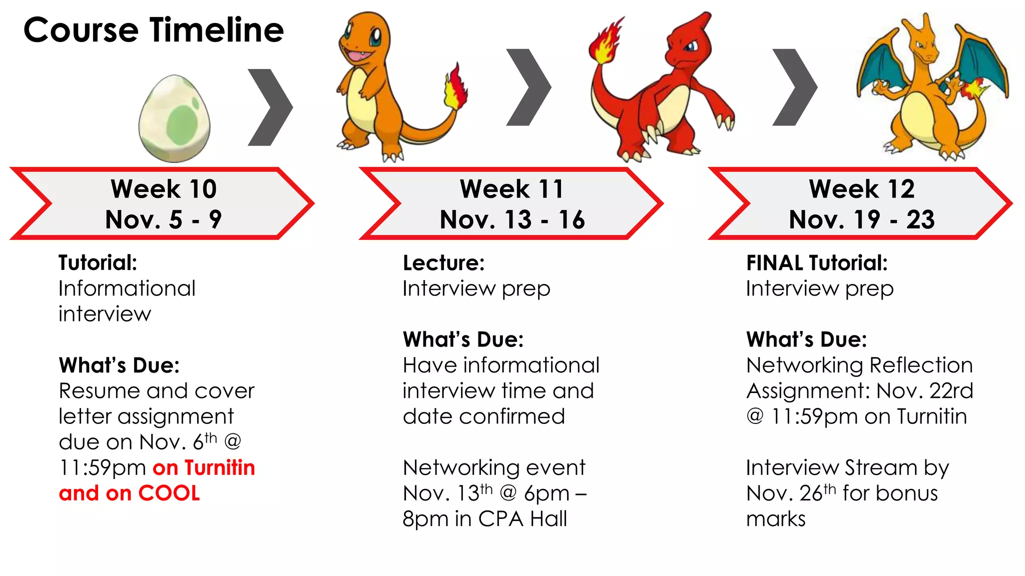 Course Timeline
Week 10
Nov. 5 - 9
Week 11
Nov. 13 - 16
Week 12
Nov. 19 - 23
Tutorial:
Informational
interview
What’s Due:
Resume and cover
letter assignment
due on Nov. 6th @
11:59pm on Turnitin
and on COOL
Lecture:
Interview prep
What’s Due:
Have informational
interview time and
date confirmed
Networking event
Nov. 13th @ 6pm –
8pm in CPA Hall
FINAL Tutorial:
Interview prep
What’s Due:
Networking Reflection
Assignment: Nov. 22rd
@ 11:59pm on Turnitin
Interview Stream by
Nov. 26th for bonus
marks
 