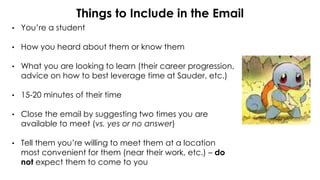 Things to Include in the Email
• You’re a student
• How you heard about them or know them
• What you are looking to learn (their career progression,
advice on how to best leverage time at Sauder, etc.)
• 15-20 minutes of their time
• Close the email by suggesting two times you are
available to meet (vs. yes or no answer)
• Tell them you’re willing to meet them at a location
most convenient for them (near their work, etc.) – do
not expect them to come to you
 