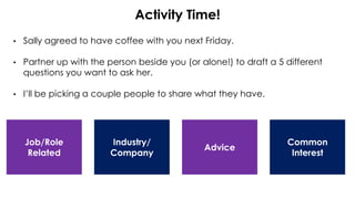 Activity Time!
• Sally agreed to have coffee with you next Friday.
• Partner up with the person beside you (or alone!) to draft a 5 different
questions you want to ask her.
• I’ll be picking a couple people to share what they have.
Job/Role
Related
Common
Interest
Industry/
Company
Advice
 