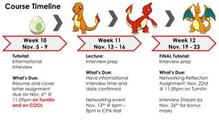 Course Timeline
Week 10
Nov. 5 - 9
Week 11
Nov. 13 - 16
Week 12
Nov. 19 - 23
Tutorial:
Informational
interview
What’s Due:
Resume and cover
letter assignment
due on Nov. 6th @
11:59pm on Turnitin
and on COOL
Lecture:
Interview prep
What’s Due:
Have informational
interview time and
date confirmed
Networking event
Nov. 13th @ 6pm –
8pm in CPA Hall
FINAL Tutorial:
Interview prep
What’s Due:
Networking Reflection
Assignment: Nov. 22rd
@ 11:59pm on Turnitin
Interview Stream by
Nov. 26th for bonus
marks
 