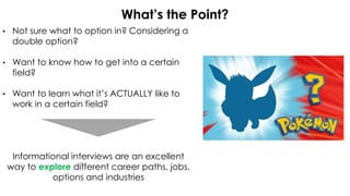 What’s the Point?
• Not sure what to option in? Considering a
double option?
• Want to know how to get into a certain
field?
• Want to learn what it’s ACTUALLY like to
work in a certain field?
Informational interviews are an excellent
way to explore different career paths, jobs,
options and industries
 