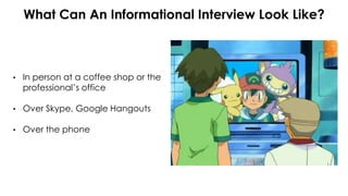 What Can An Informational Interview Look Like?
• In person at a coffee shop or the
professional’s office
• Over Skype, Google Hangouts
• Over the phone
 