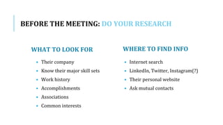BEFORE THE MEETING: DO YOUR RESEARCH
WHAT TO LOOK FOR WHERE TO FIND INFO
• Their company
• Know their major skill sets
• Work history
• Accomplishments
• Associations
• Common interests
• Internet search
• LinkedIn, Twitter, Instagram(?)
• Their personal website
• Ask mutual contacts
 