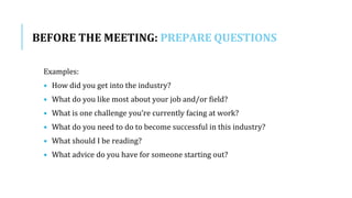 BEFORE THE MEETING: PREPARE QUESTIONS
Examples:
• How did you get into the industry?
• What do you like most about your job and/or field?
• What is one challenge you’re currently facing at work?
• What do you need to do to become successful in this industry?
• What should I be reading?
• What advice do you have for someone starting out?
 