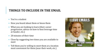 THINGS TO INCLUDE IN THE EMAIL
• You’re a student
• How you heard about them or know them
• What you are looking to learn (their career
progression, advice on how to best leverage time
at Sauder, etc.)
• 20 minutes of their time
• Close by suggesting two times you are available to
meet
• Tell them you’re willing to meet them at a location
most convenient for them (near their work, etc.)
 