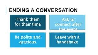 ENDING A CONVERSATION
Thank them
for their time
Be polite and
gracious
Ask to
connect after
the event
Leave with a
handshake
 