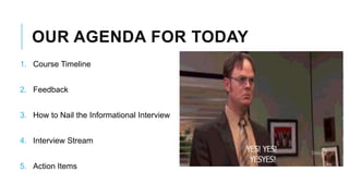 OUR AGENDA FOR TODAY
1. Course Timeline
2. Feedback
3. How to Nail the Informational Interview
4. Interview Stream
5. Action Items
 