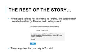 THE REST OF THE STORY…
• When Stella landed her internship in Toronto, she updated her
LinkedIn headline (in March), and Lindsay saw it
• They caught up this past July in Toronto!
 