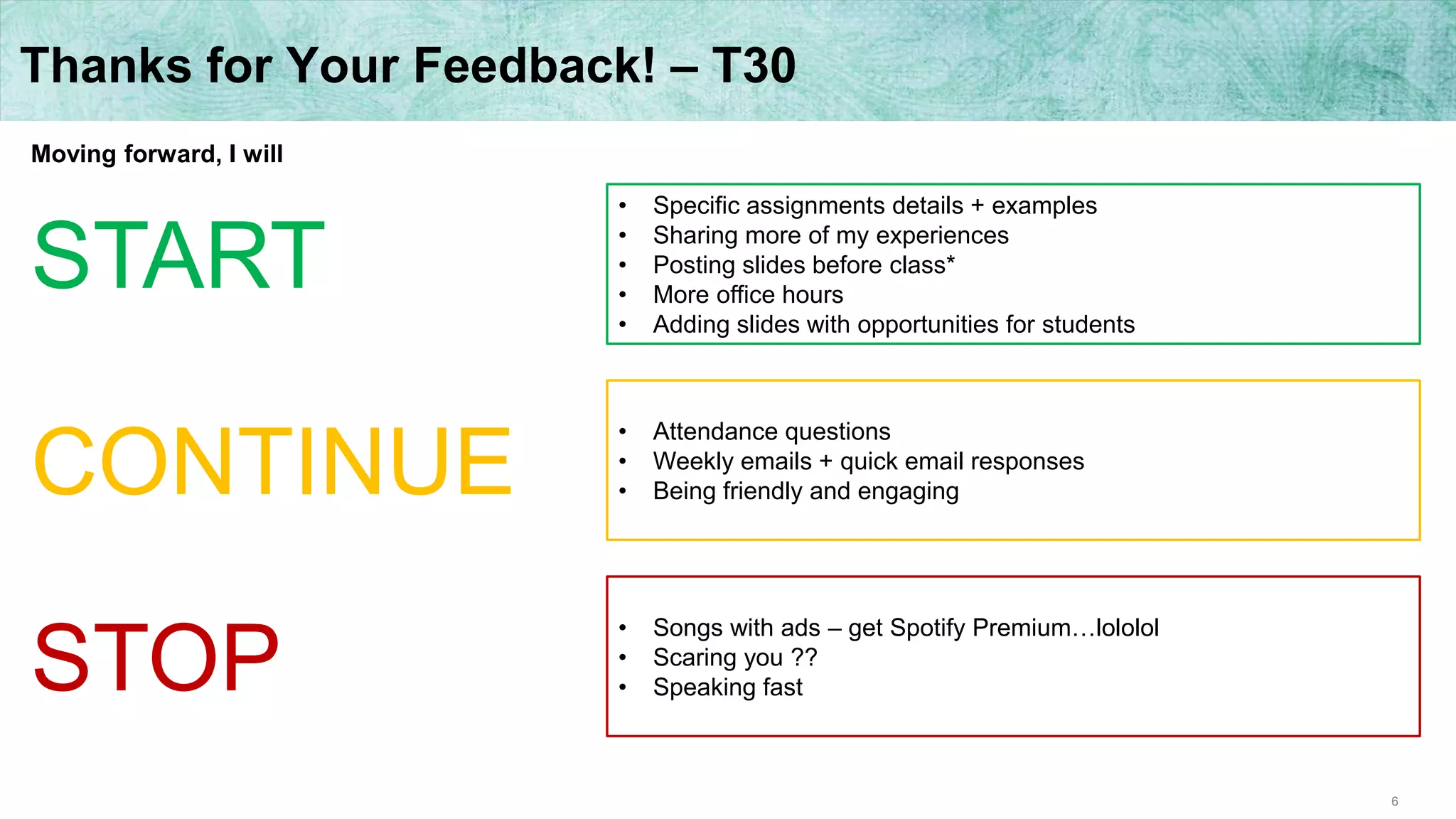 6
Thanks for Your Feedback! – T30
Moving forward, I will
START
CONTINUE
STOP
• Specific assignments details + examples
• Sharing more of my experiences
• Posting slides before class*
• More office hours
• Adding slides with opportunities for students
• Attendance questions
• Weekly emails + quick email responses
• Being friendly and engaging
• Songs with ads – get Spotify Premium…lololol
• Scaring you ??
• Speaking fast
 