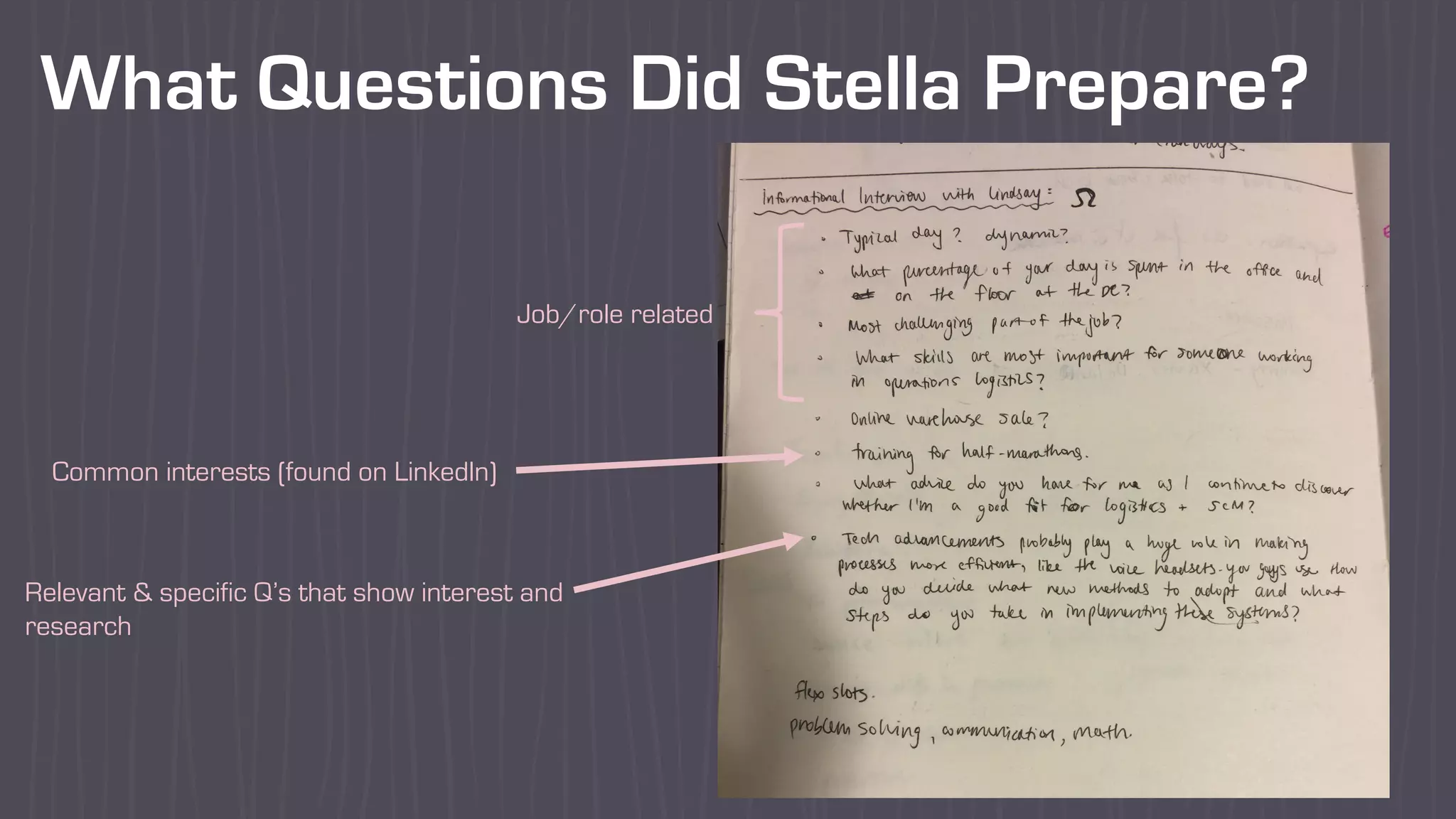 What Questions Did Stella Prepare?
Job/role related
Common interests (found on LinkedIn)
Relevant & specific Q’s that show interest and
research
 