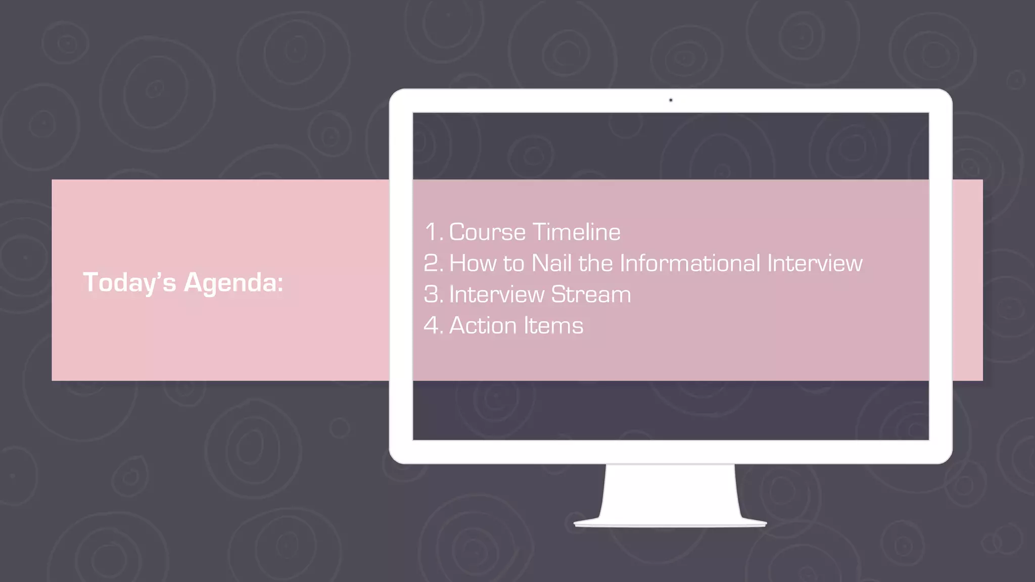 Today’s Agenda:
1. Course Timeline
2. How to Nail the Informational Interview
3. Interview Stream
4. Action Items
 