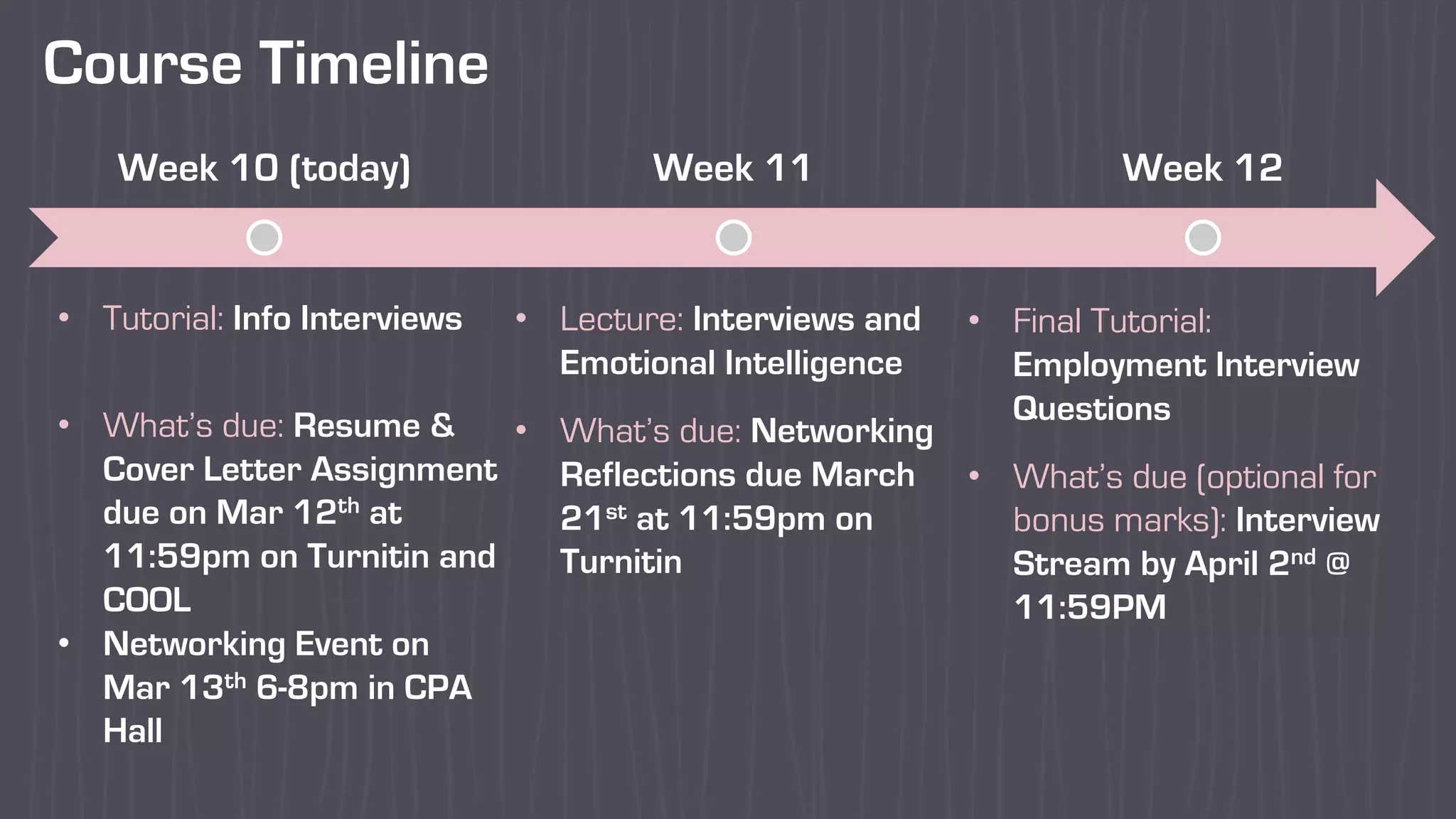Course Timeline
Week 10 (today) Week 11 Week 12
• Lecture: Interviews and
Emotional Intelligence
• What’s due: Networking
Reflections due March
21st at 11:59pm on
Turnitin
• Final Tutorial:
Employment Interview
Questions
• What’s due (optional for
bonus marks): Interview
Stream by April 2nd @
11:59PM
• Tutorial: Info Interviews
• What’s due: Resume &
Cover Letter Assignment
due on Mar 12th at
11:59pm on Turnitin and
COOL
• Networking Event on
Mar 13th 6-8pm in CPA
Hall
 