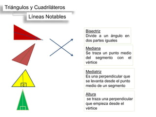 Triángulos y Cuadriláteros
           Líneas Notables

                             Bisectriz
                             Divide a un ángulo en
                             dos partes iguales

                             Mediana
                             Se traza un punto medio
                             del segmento con el
                             vértice

                             Mediatriz
                             Es una perpendicular que
                             se levanta desde el punto
       c                     medio de un segmento

                             Altura
                              se traza una perpendicular
                             que empieza desde el
                             vértice
 