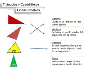 Triángulos y Cuadriláteros
           Líneas Notables

                             Bisectriz
                             Divide a un ángulo en dos
                             partes iguales

                             Mediana
                             Se traza un punto medio del
                             segmento con el vértice


                             Mediatriz
                             Es una perpendicular que se
                             levanta desde el punto medio
       c                     de un segmento


                             Altura
                             se traza una perpendicular
                             que empieza desde el vértice
 